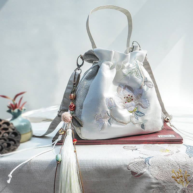 Nimara Ritual Embroidered Magnolia Plum Blossom Cotton Linen Tote Crossbody Bag Shoulder Bag Handbag