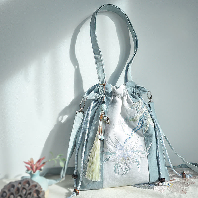 Nimara Ritual Embroidered Green Pear Blue Epiphyllum Canvas Tote Crossbody Bag Shoulder Bag Handbag