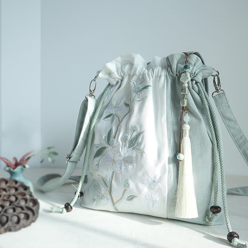 Nimara Ritual Embroidered Green Pear Blue Epiphyllum Canvas Tote Crossbody Bag Shoulder Bag Handbag