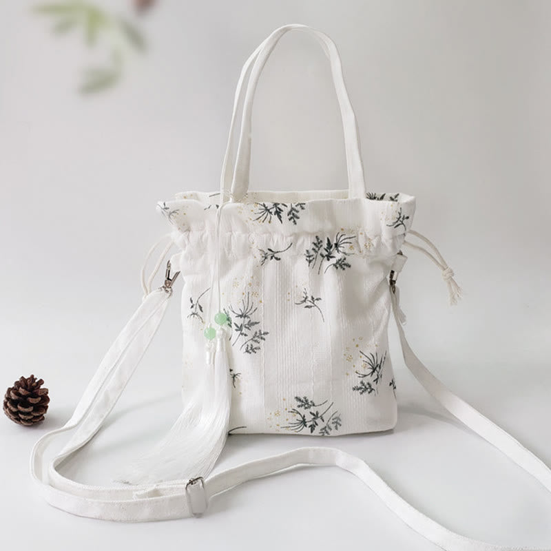 Nimara Ritual White Flowers Green Leaves Canvas Tote Crossbody Bag Shoulder Bag Handbag