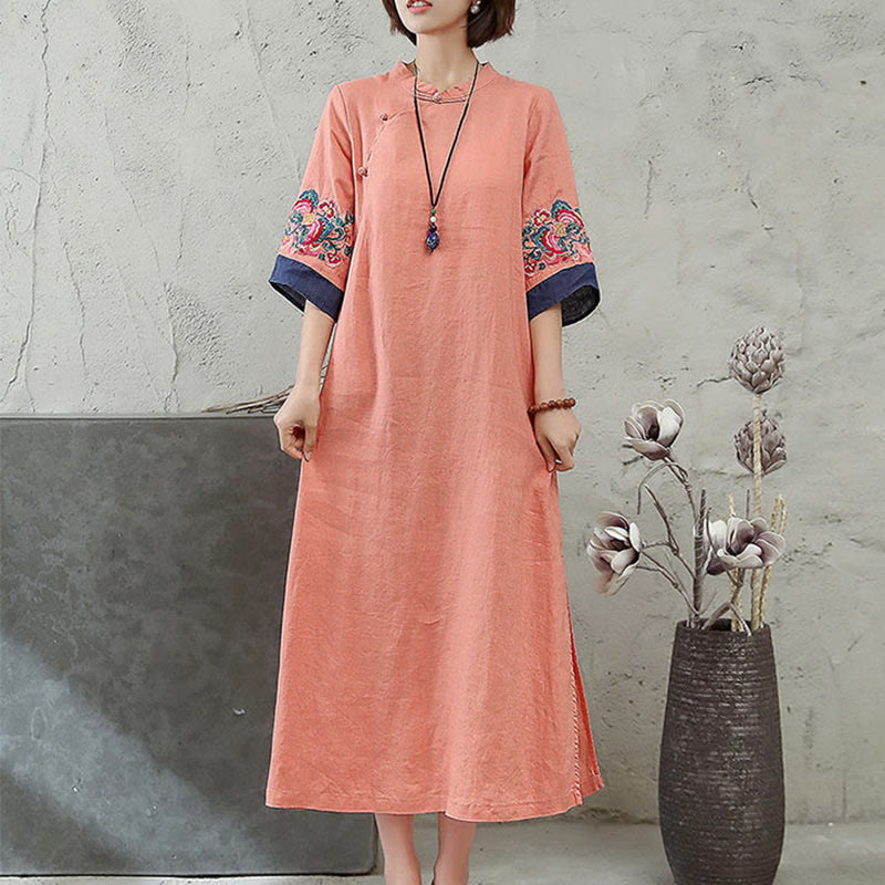 Nimara Ritual Embroidery Frog-Button Half Sleeve Women's Midi Dress
