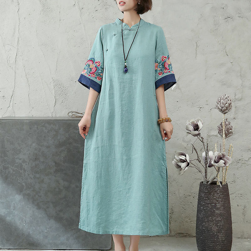 Nimara Ritual Embroidery Frog-Button Half Sleeve Women's Midi Dress