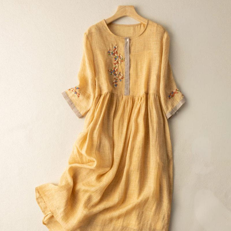 Nimara Ritual Spring Ethnic Embroidery Half Sleeve Women's Midi Dress