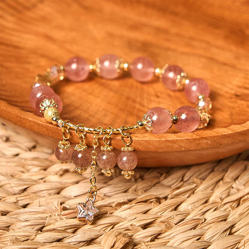 Nimara Ritual Natural Strawberry Quartz Four Leaf Clover Star Positive Bracelet