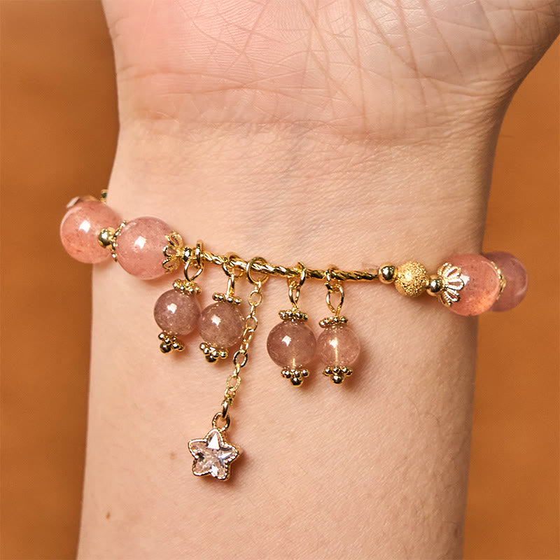 Nimara Ritual Natural Strawberry Quartz Four Leaf Clover Star Positive Bracelet