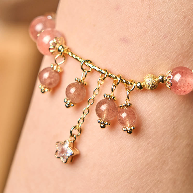 Nimara Ritual Natural Strawberry Quartz Four Leaf Clover Star Positive Bracelet