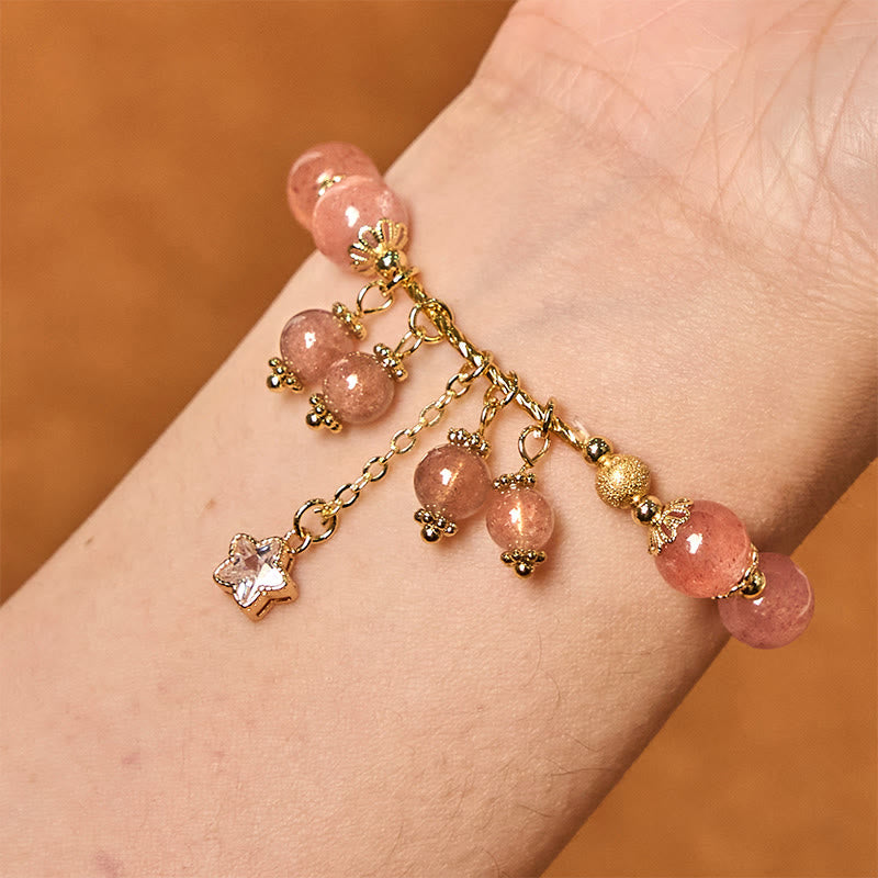 Nimara Ritual Natural Strawberry Quartz Four Leaf Clover Star Positive Bracelet