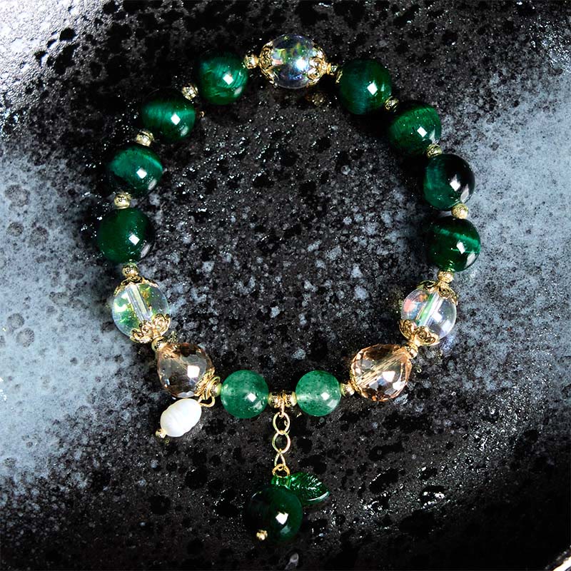 Nimara Ritual Natural Green Tiger Eye Beads Green Leaf Positive Bracelet