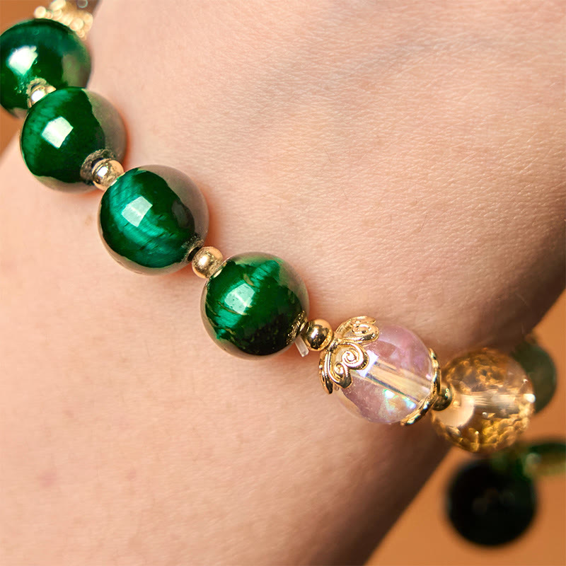 Nimara Ritual Natural Green Tiger Eye Beads Green Leaf Positive Bracelet