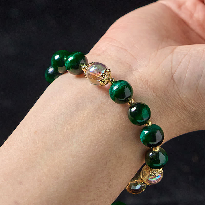 Nimara Ritual Natural Green Tiger Eye Beads Green Leaf Positive Bracelet