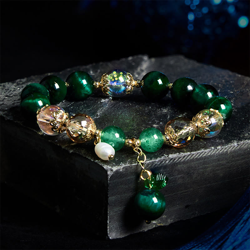 Nimara Ritual Natural Green Tiger Eye Beads Green Leaf Positive Bracelet