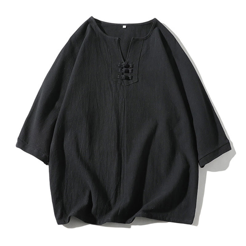 Nimara Ritual 2Pcs Plain Notched Collar T-Shirt Wide Leg Shorts With Pockets Men's Meditation Cloth Set