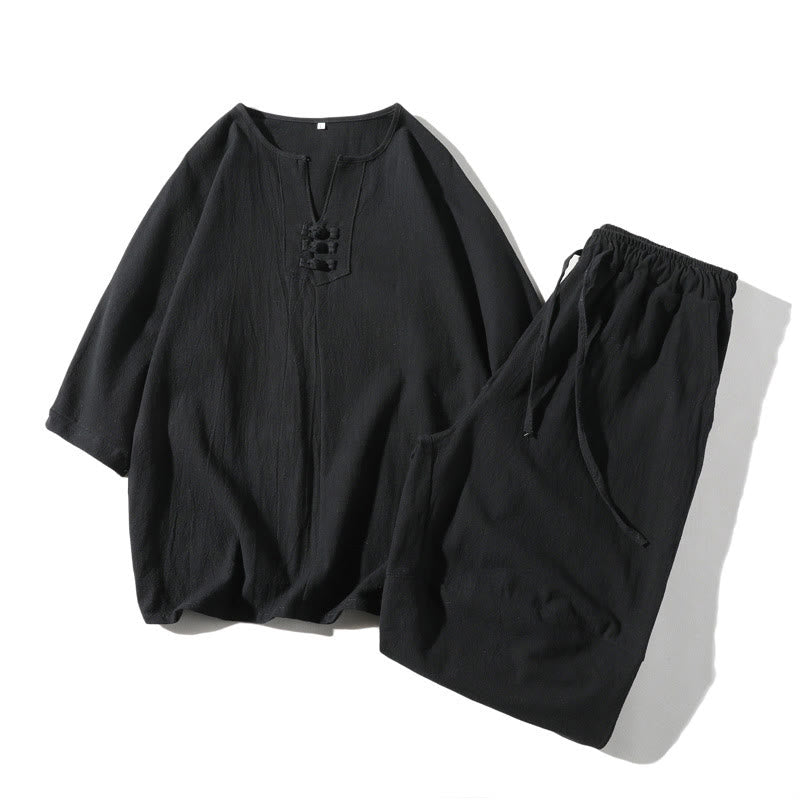 Nimara Ritual 2Pcs Plain Notched Collar T-Shirt Wide Leg Shorts With Pockets Men's Meditation Cloth Set
