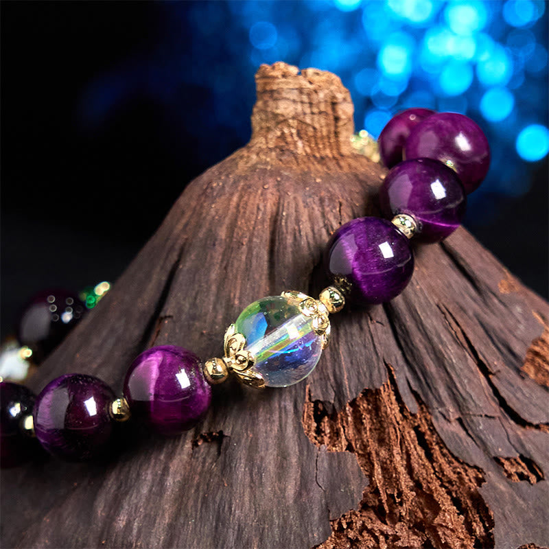 Nimara Ritual Natural Red Tiger Eye Purple Tiger Eye Beads Green Leaf Protection Bracelet