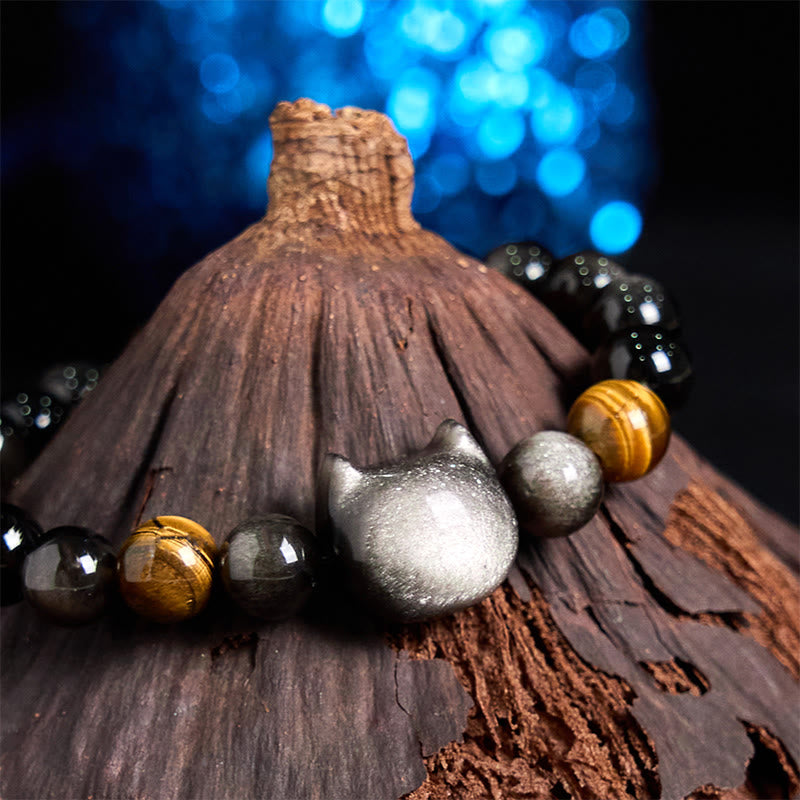 Nimara Ritual Natural Silver Sheen Obsidian Beads Cute Cat Soothing Bracelet