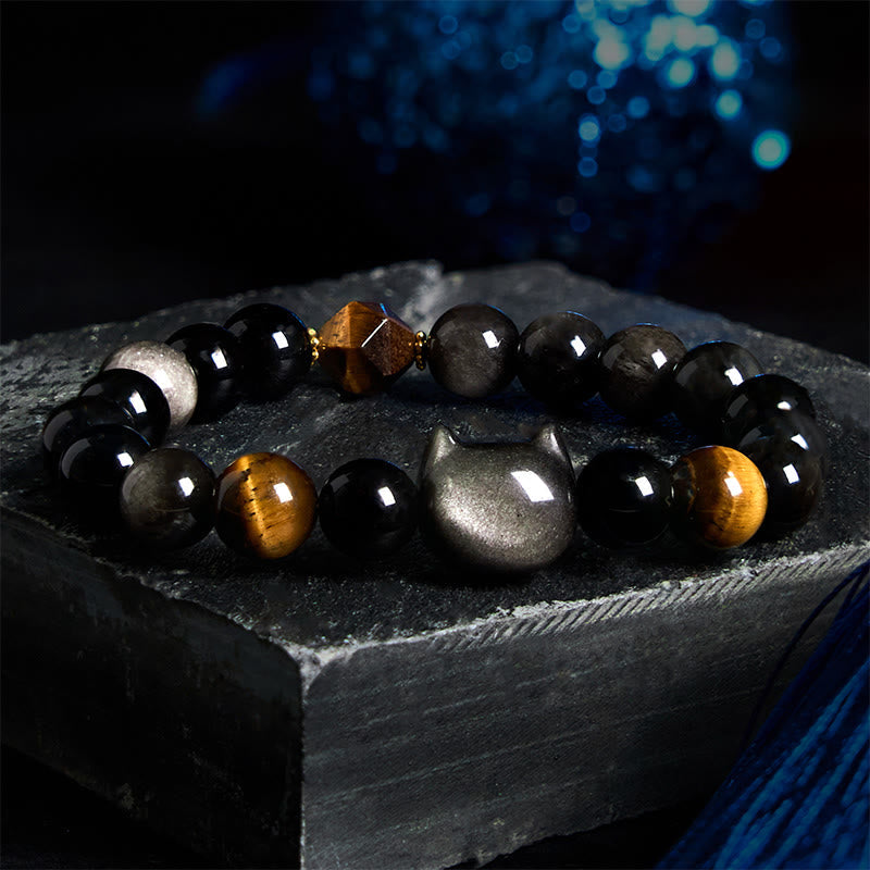 Nimara Ritual Natural Silver Sheen Obsidian Beads Cute Cat Soothing Bracelet