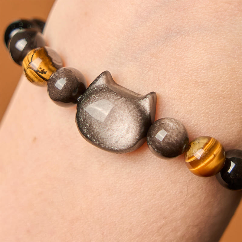 Nimara Ritual Natural Silver Sheen Obsidian Beads Cute Cat Soothing Bracelet