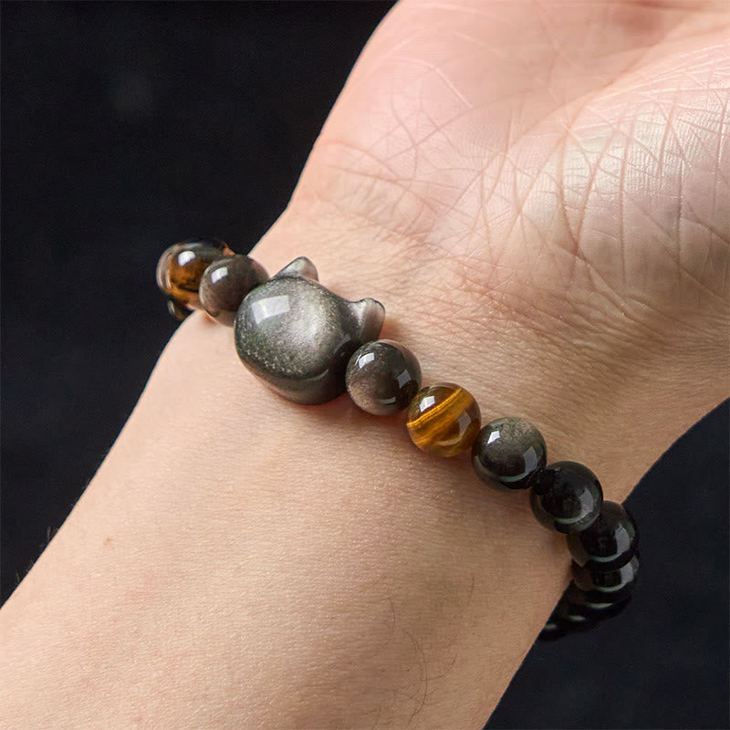 Nimara Ritual Natural Silver Sheen Obsidian Beads Cute Cat Soothing Bracelet