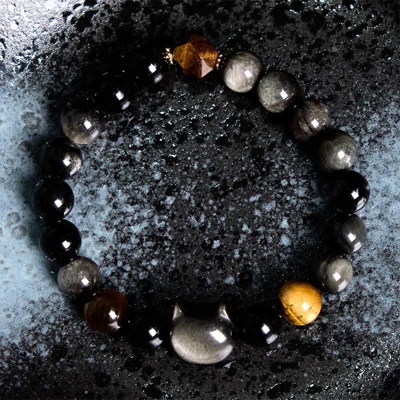 Nimara Ritual Natural Silver Sheen Obsidian Beads Cute Cat Soothing Bracelet