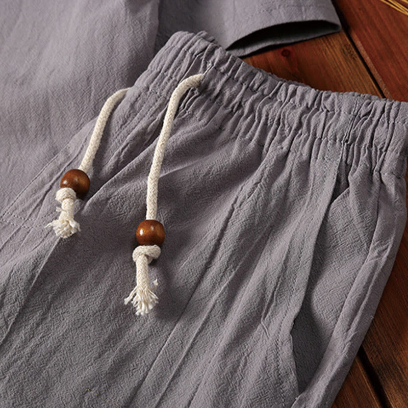 Nimara Ritual 2Pcs Plain Notched Collar Short Sleeve T-Shirt Shorts With Pockets Cotton Linen Men's Meditation Cloth Set