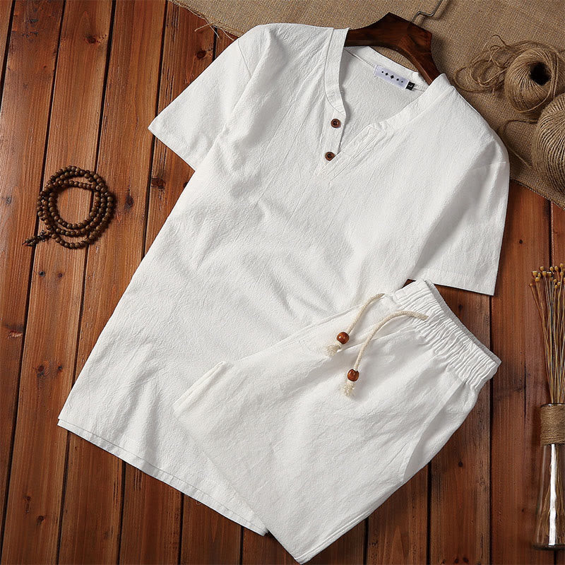 Nimara Ritual 2Pcs Plain Notched Collar Short Sleeve T-Shirt Shorts With Pockets Cotton Linen Men's Meditation Cloth Set