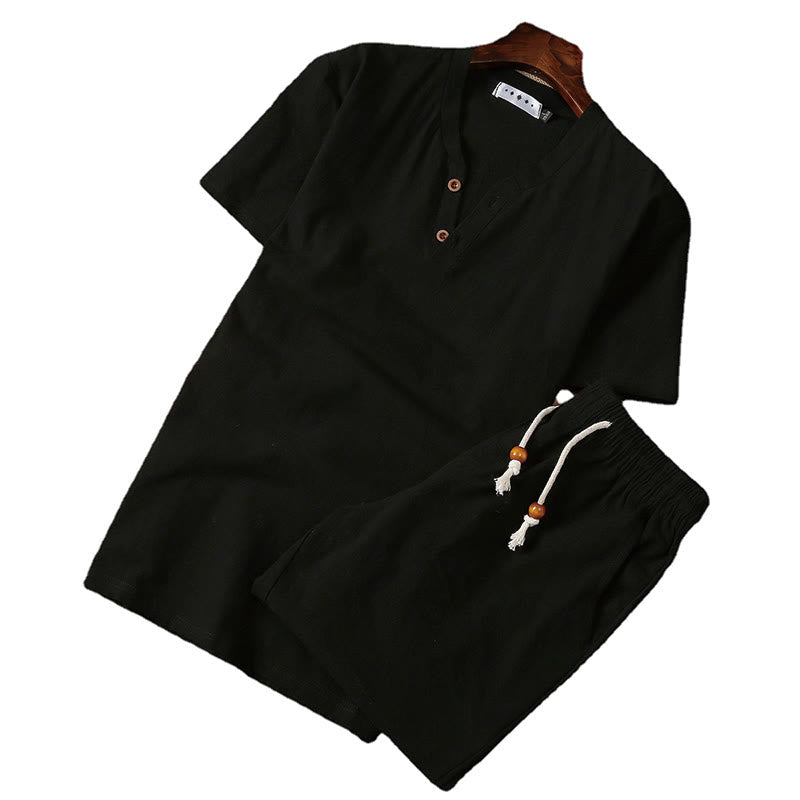 Nimara Ritual 2Pcs Plain Notched Collar Short Sleeve T-Shirt Shorts With Pockets Cotton Linen Men's Meditation Cloth Set