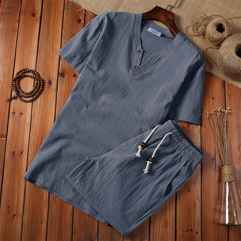 Nimara Ritual 2Pcs Plain Notched Collar Short Sleeve T-Shirt Shorts With Pockets Cotton Linen Men's Meditation Cloth Set