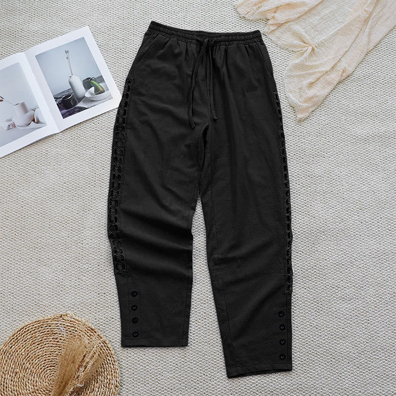 Nimara Ritual Summer Plain Color Splicing Design Cotton Linen Women's Pants With Pockets