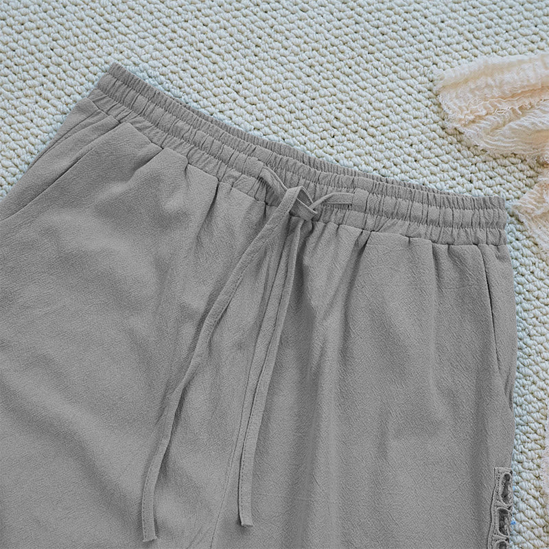 Nimara Ritual Summer Plain Color Splicing Design Cotton Linen Women's Pants With Pockets