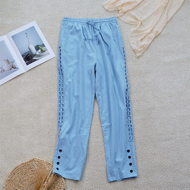 Nimara Ritual Summer Plain Color Splicing Design Cotton Linen Women's Pants With Pockets