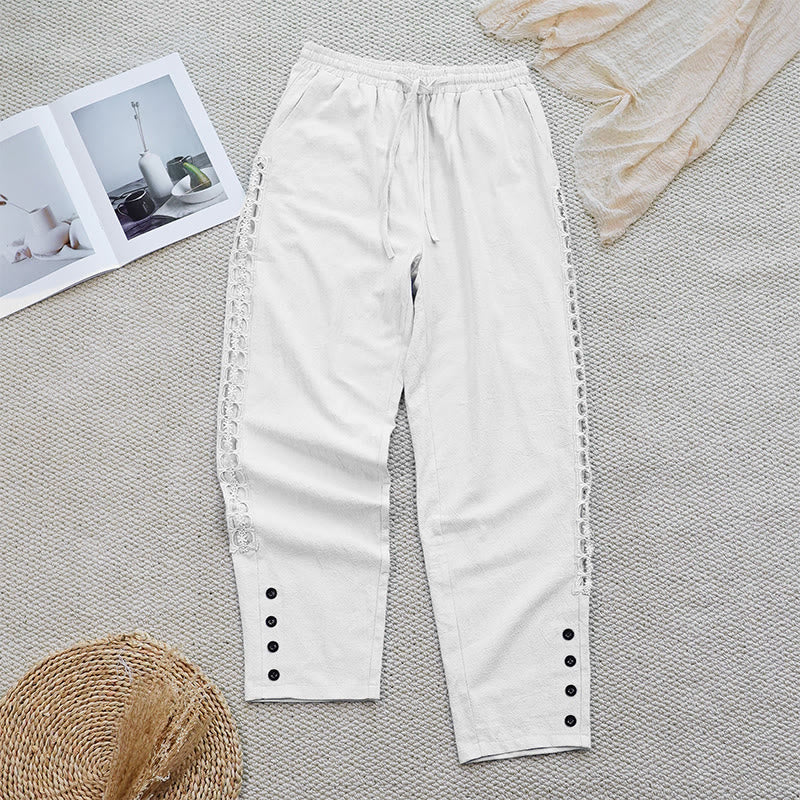 Nimara Ritual Summer Plain Color Splicing Design Cotton Linen Women's Pants With Pockets
