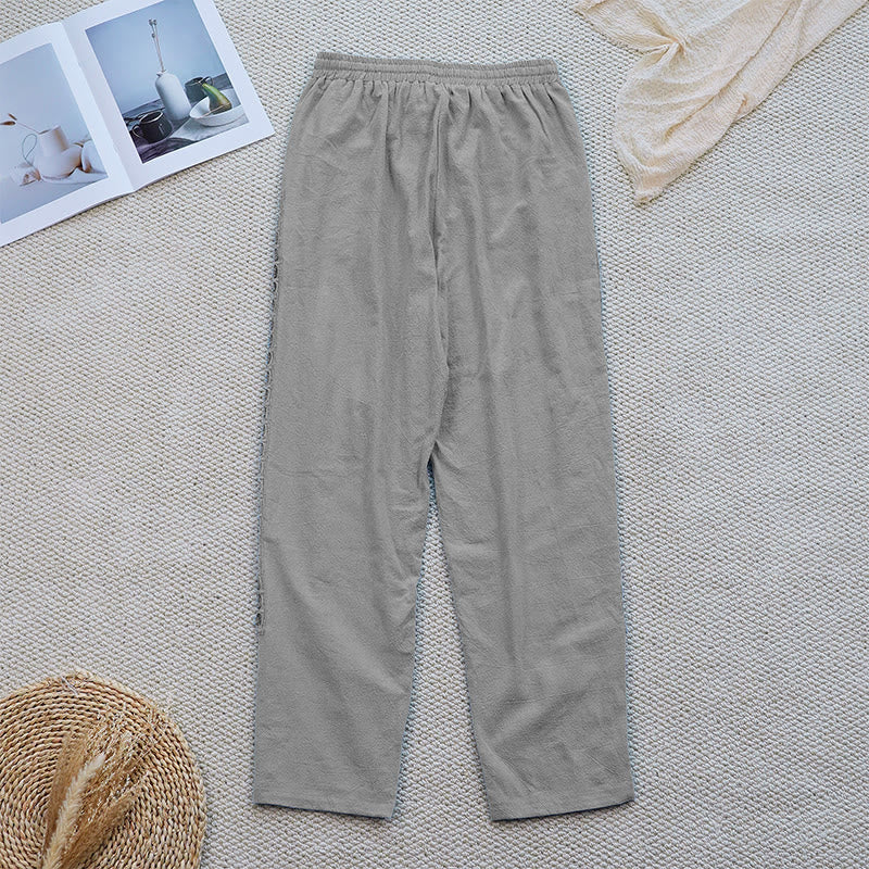Nimara Ritual Summer Plain Color Splicing Design Cotton Linen Women's Pants With Pockets
