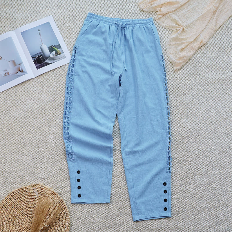 Nimara Ritual Summer Plain Color Splicing Design Cotton Linen Women's Pants With Pockets