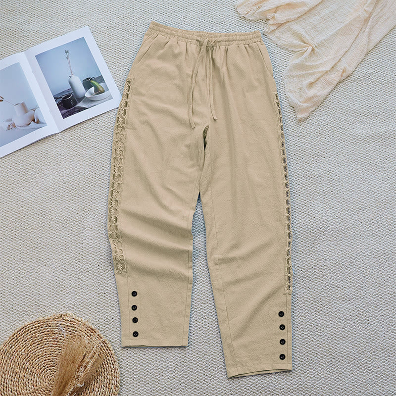 Nimara Ritual Summer Plain Color Splicing Design Cotton Linen Women's Pants With Pockets