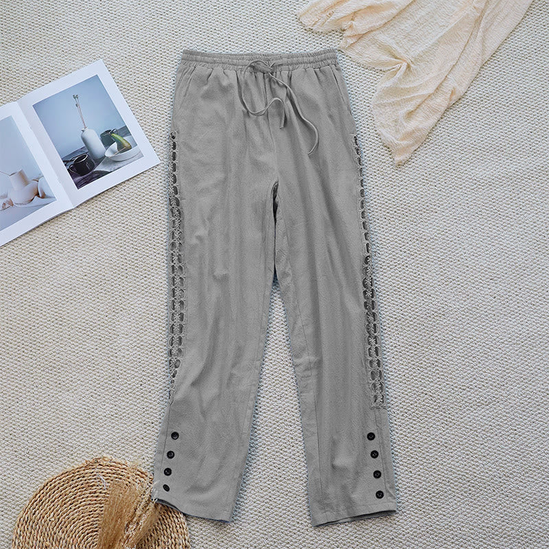 Nimara Ritual Summer Plain Color Splicing Design Cotton Linen Women's Pants With Pockets