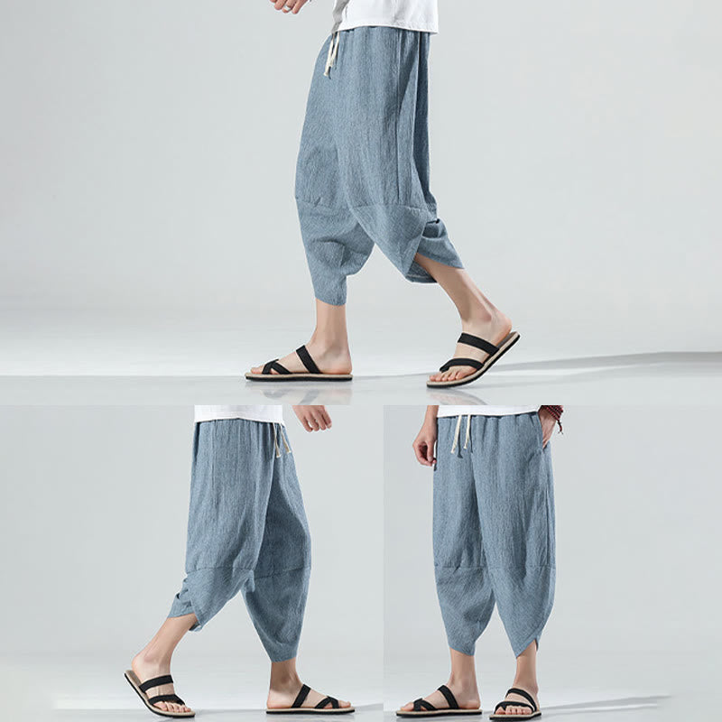 Nimara Ritual Plain Simple Design Drawstring 7-8 Length Linen Men's Harem Pants With Pockets