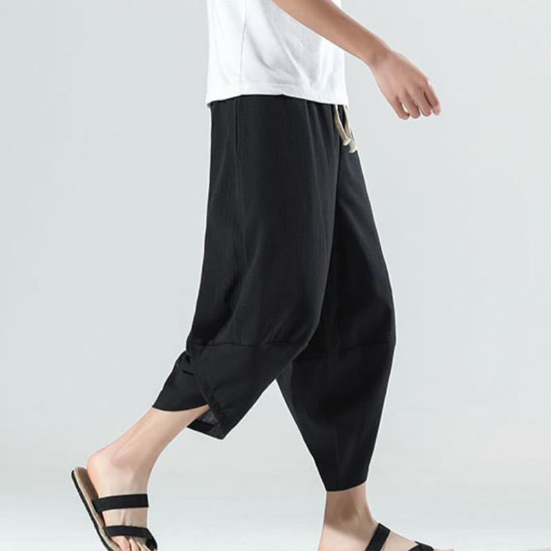 Nimara Ritual Plain Simple Design Drawstring 7-8 Length Linen Men's Harem Pants With Pockets