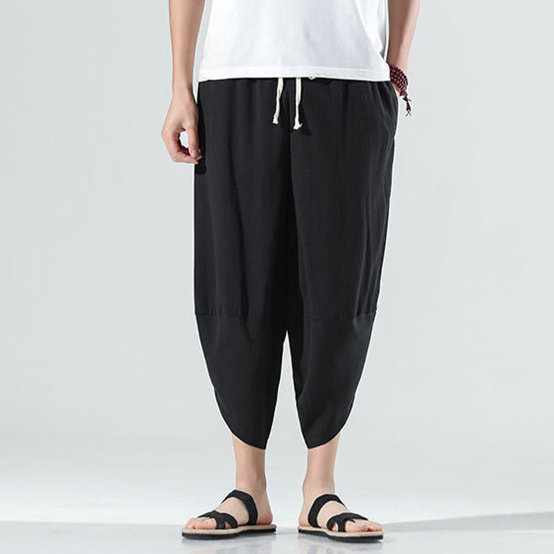 Nimara Ritual Plain Simple Design Drawstring 7-8 Length Linen Men's Harem Pants With Pockets