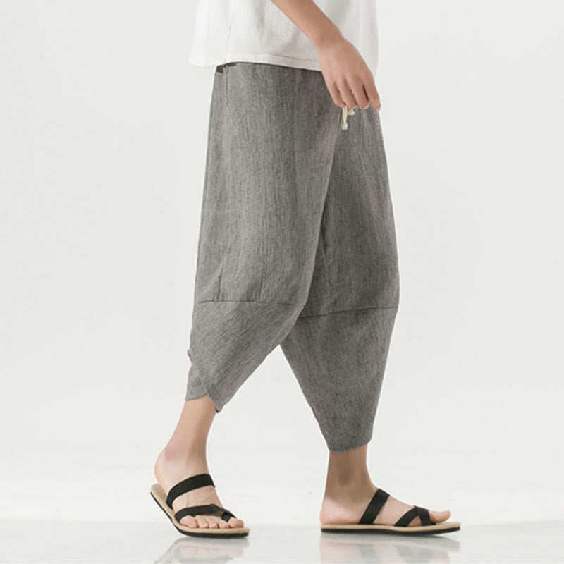 Nimara Ritual Plain Simple Design Drawstring 7-8 Length Linen Men's Harem Pants With Pockets