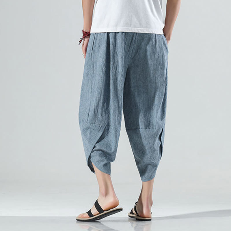 Nimara Ritual Plain Simple Design Drawstring 7-8 Length Linen Men's Harem Pants With Pockets