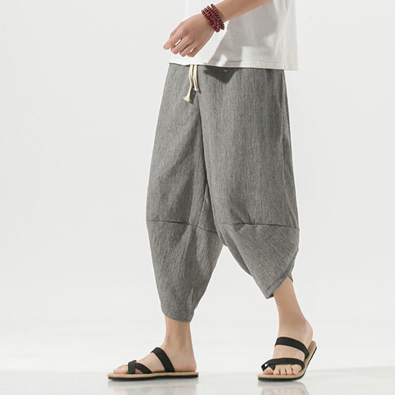 Nimara Ritual Plain Simple Design Drawstring 7-8 Length Linen Men's Harem Pants With Pockets