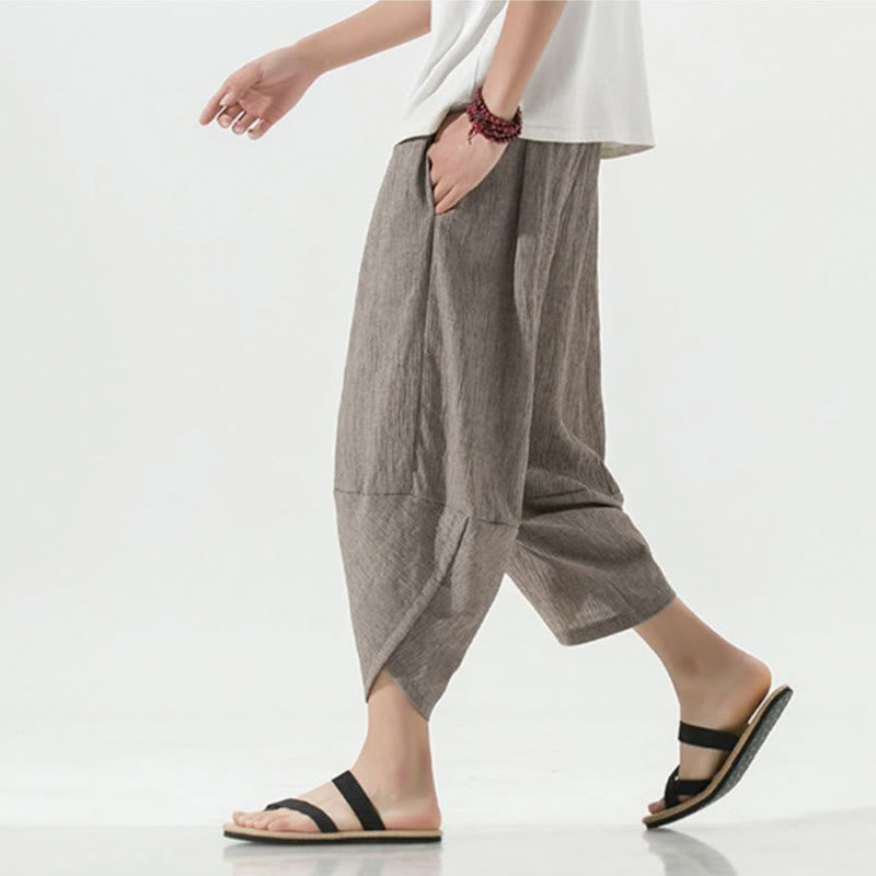 Nimara Ritual Plain Simple Design Drawstring 7-8 Length Linen Men's Harem Pants With Pockets