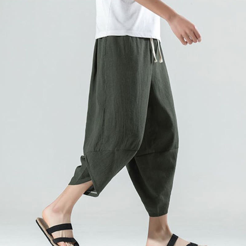 Nimara Ritual Plain Simple Design Drawstring 7-8 Length Linen Men's Harem Pants With Pockets