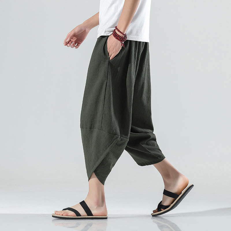 Nimara Ritual Plain Simple Design Drawstring 7-8 Length Linen Men's Harem Pants With Pockets