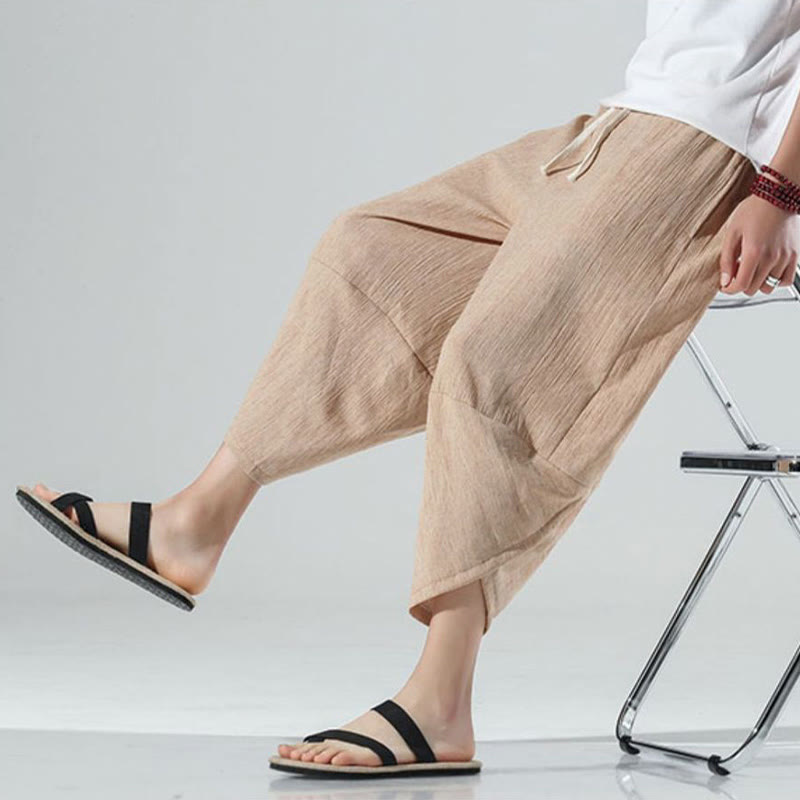 Nimara Ritual Plain Simple Design Drawstring 7-8 Length Linen Men's Harem Pants With Pockets