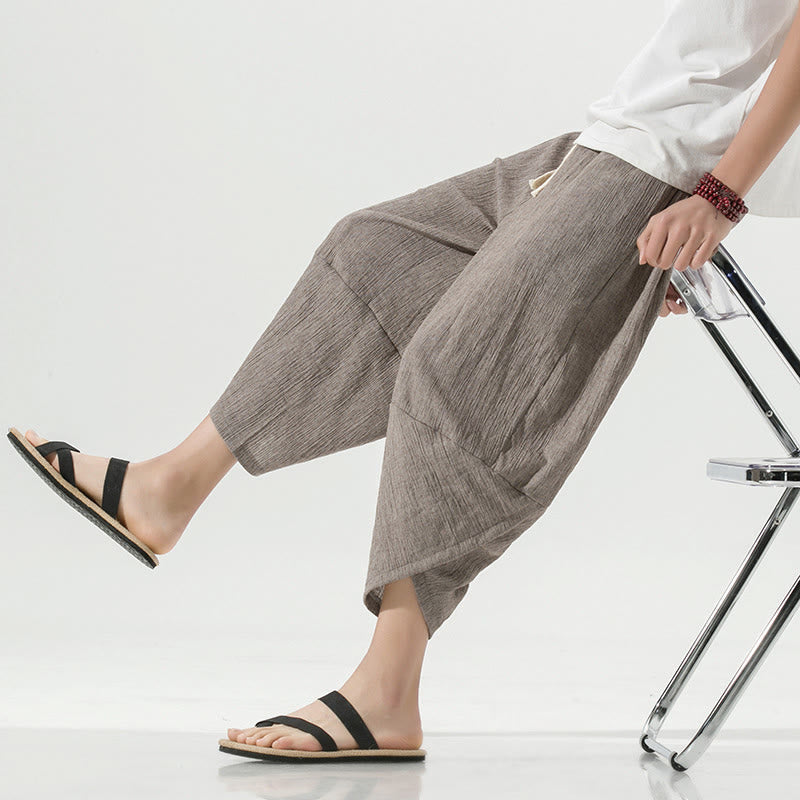 Nimara Ritual Plain Simple Design Drawstring 7-8 Length Linen Men's Harem Pants With Pockets