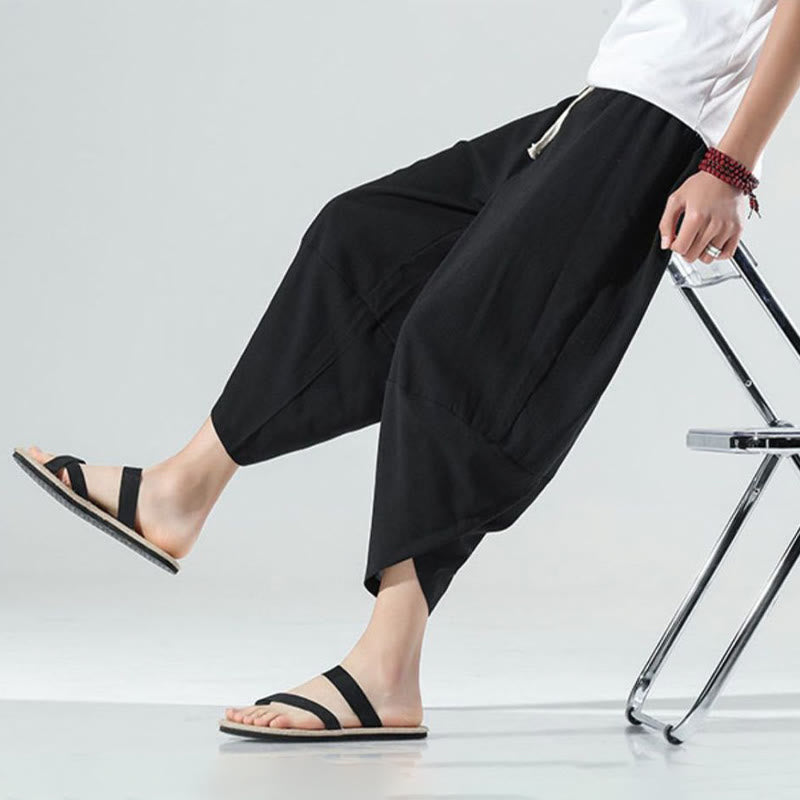 Nimara Ritual Plain Simple Design Drawstring 7-8 Length Linen Men's Harem Pants With Pockets