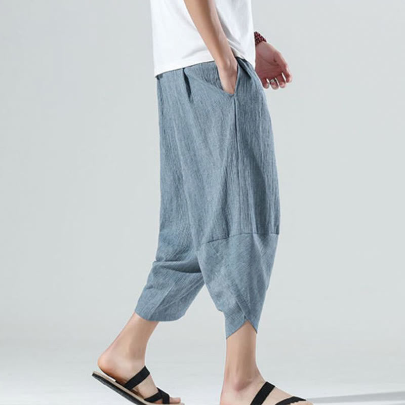Nimara Ritual Plain Simple Design Drawstring 7-8 Length Linen Men's Harem Pants With Pockets