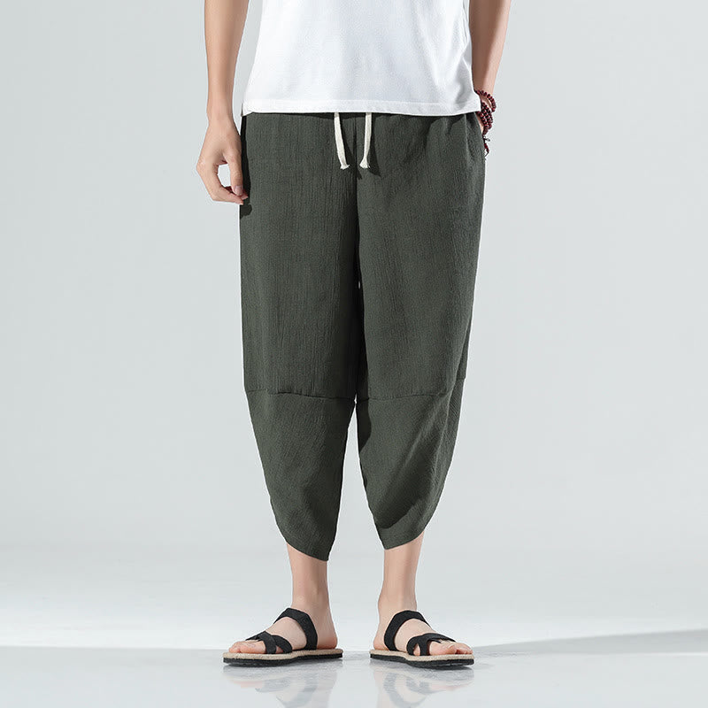 Nimara Ritual Plain Simple Design Drawstring 7-8 Length Linen Men's Harem Pants With Pockets