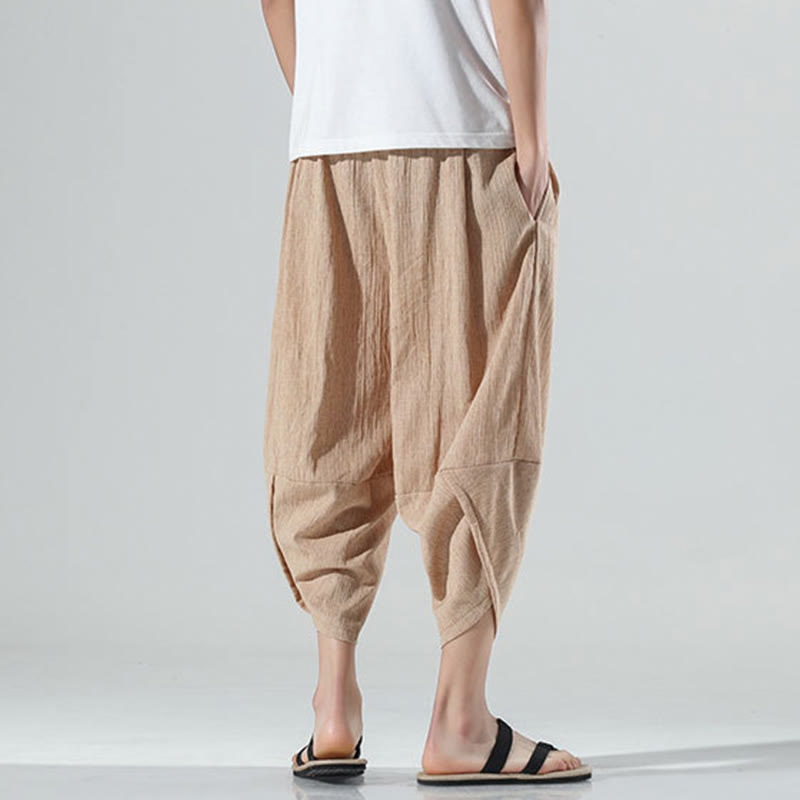 Nimara Ritual Plain Simple Design Drawstring 7-8 Length Linen Men's Harem Pants With Pockets